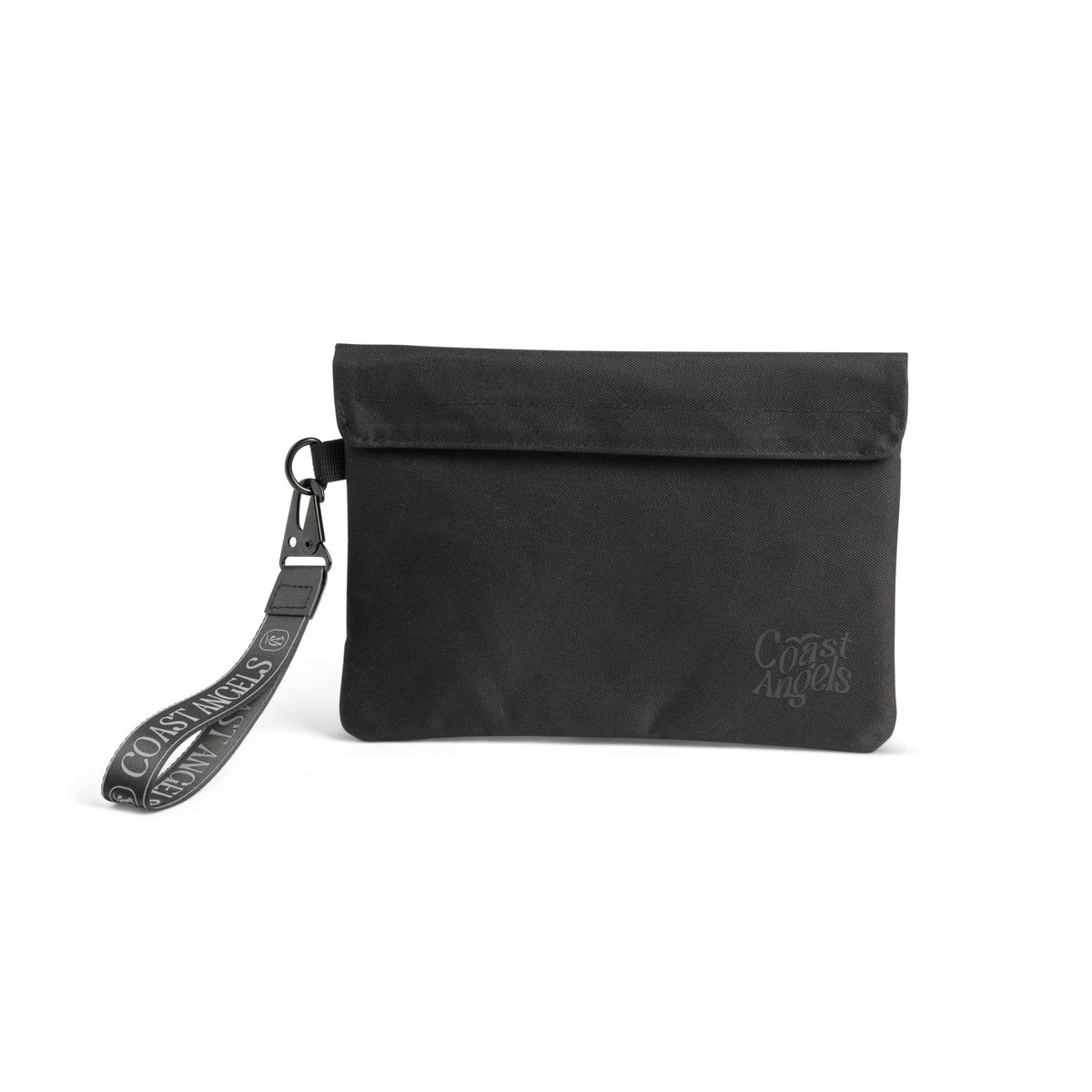 Black Coast Angels Soho pouch with a fold-over top and detachable logo wrist strap, photographed against a white background to highlight its minimalist, discreet design