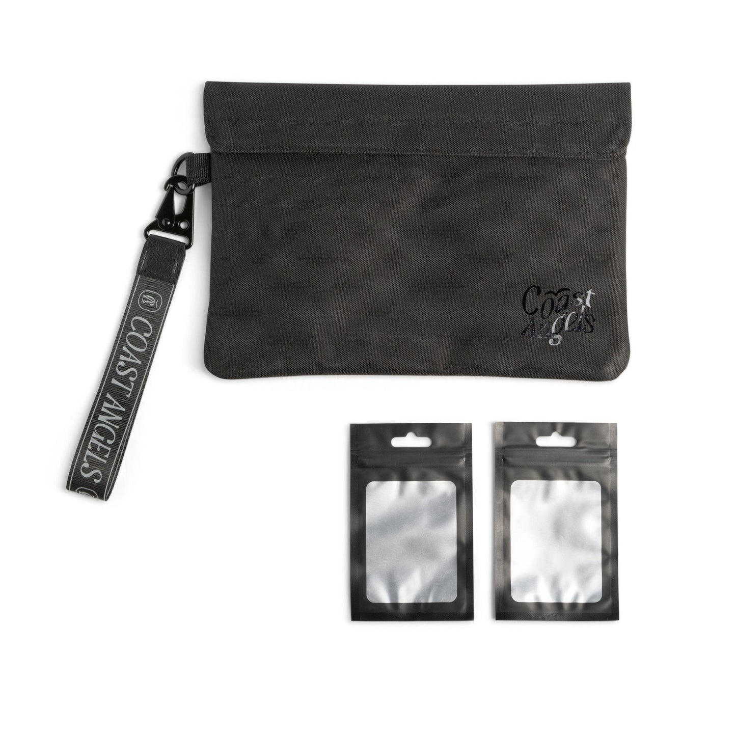 Black Coast Angels Soho pouch with a fold-over top and detachable logo wrist strap, photographed against a white background to highlight its minimalist, discreet design alongside 2 small PVC bags.